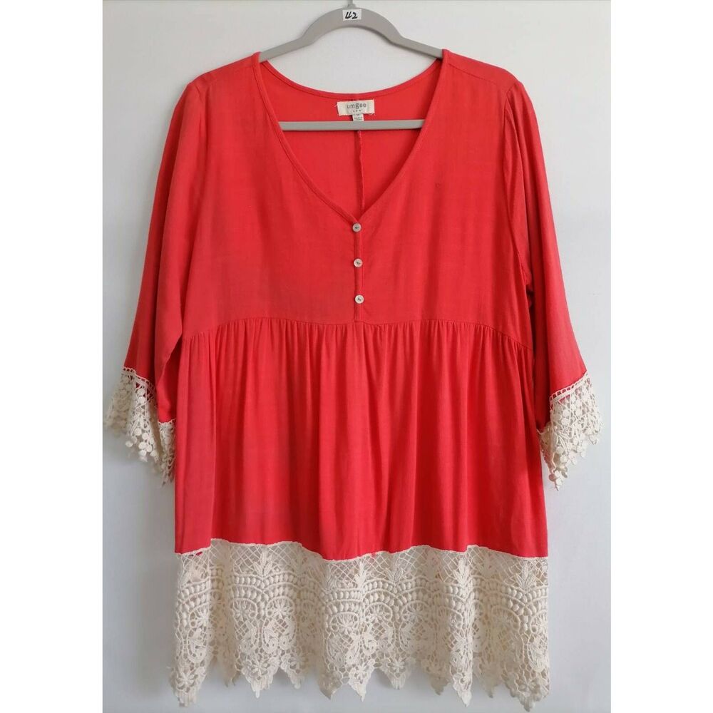 Umgee Womens Red 3/4 Sleeve V-Neck Crochet Lace Trim Popover Tunic Top Size M